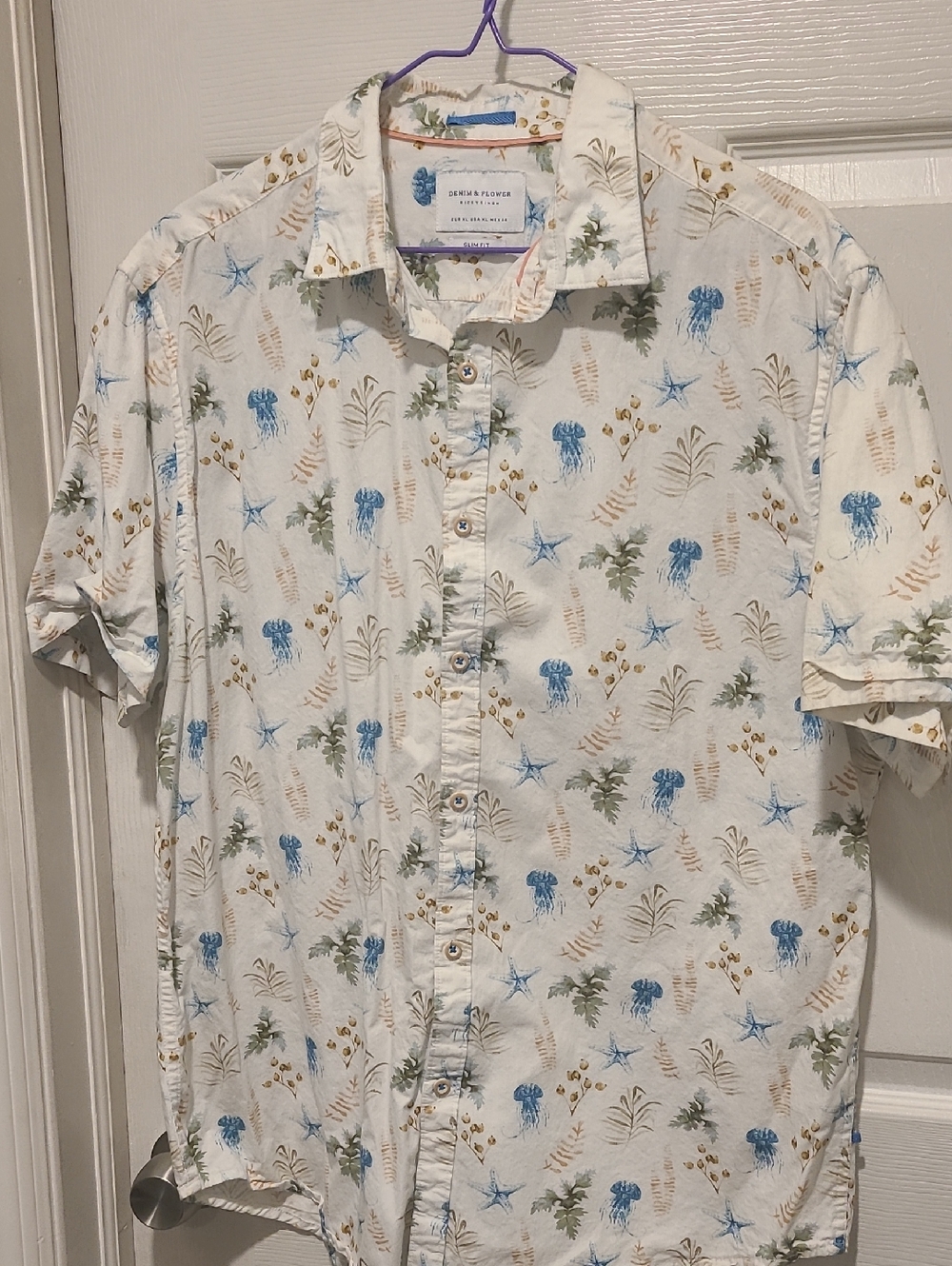 Men's White Short-Sleeve Button-Up Shirt with Blue & Green Tropical Print
